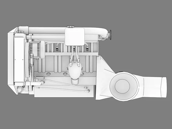 Turbo-Vierzylinder-Hochleistungsmotor für einen Sportwagen. Schwarz-weiße Bitmap-Illustration einer weißen Motorsilhouette, die durch schwarze Striche umrissen wird. 3D-Darstellung. — Stockfoto
