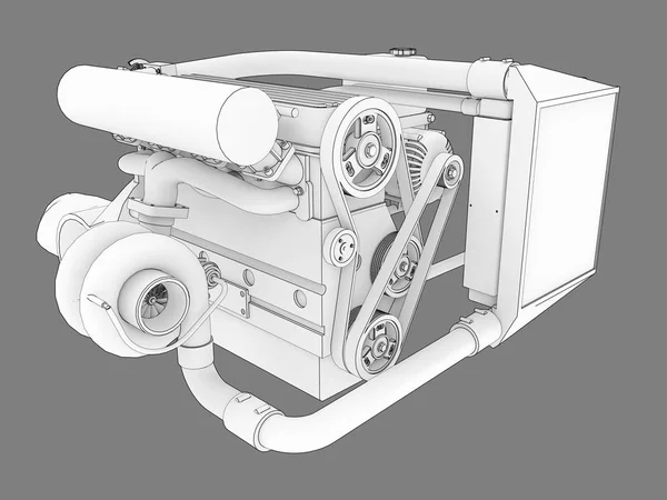 Turbocompressor de quatro cilindros, motor de alto desempenho para um carro esporte. ilustração bitmap preto e branco de uma silhueta de motor branco delineado por linhas pretas de traços. Renderização 3d . — Fotografia de Stock