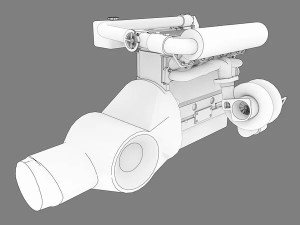 Turbocompressor de quatro cilindros, motor de alto desempenho para um carro esporte. ilustração bitmap preto e branco de uma silhueta de motor branco delineado por linhas pretas de traços. Renderização 3d . — Fotografia de Stock