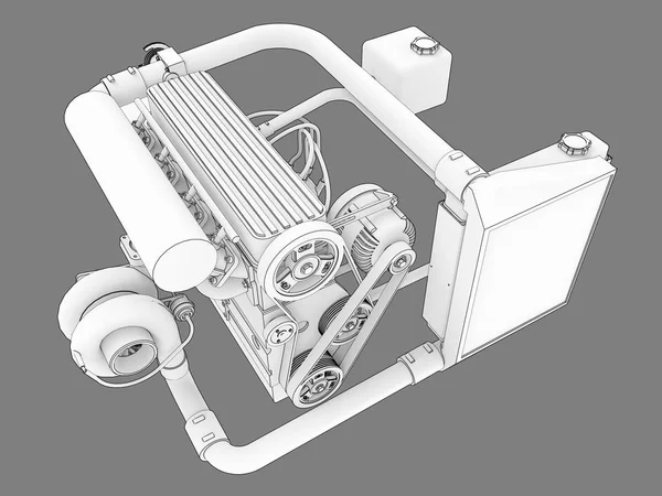 Turboalimentado de cuatro cilindros, motor de alto rendimiento para un coche deportivo. Ilustración de mapa de bits en blanco y negro de una silueta de motor blanco delineada por líneas negras de trazos. renderizado 3d . — Foto de Stock