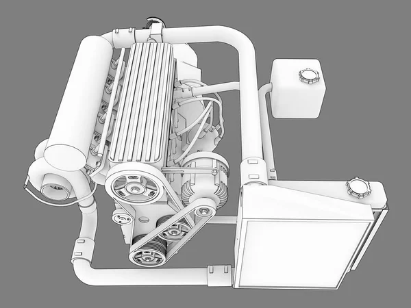 Přeplňovaný čtyřválec, vysoce výkonný motor pro sportovní automobil. Černá a bílá rastrový obrázek ilustrace bílé motor silueta ohraničena černými čarami tahů. 3D vykreslování. — Stock fotografie