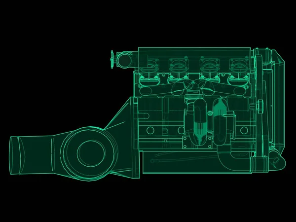 Turbófeltöltésű négyhengeres, nagy teljesítményű motor egy sportautó. Zöld neon fénye illusztráció a fekete háttér. 3D-leképezés. — Stock Fotó