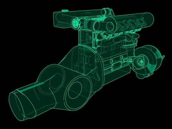 Turboladdad 4-cylindrig, högpresterande motor för en sportbil. Grön neon glow illustration på svart bakgrund. 3D-rendering. — Stockfoto