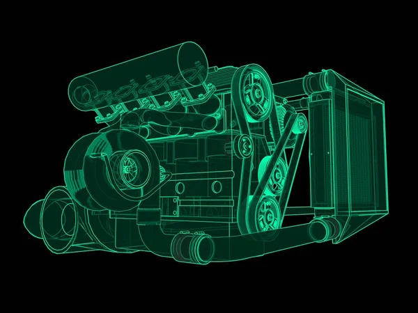 Turbo-Vierzylinder-Hochleistungsmotor für einen Sportwagen. grüne Leuchtschrift-Illustration auf schwarzem Hintergrund. 3D-Darstellung. — Stockfoto