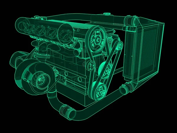 Turbocharged viercilinder, high-performance motor voor een sportwagen. Groene neon gloed illustratie op een zwarte achtergrond. 3D-rendering. — Stockfoto