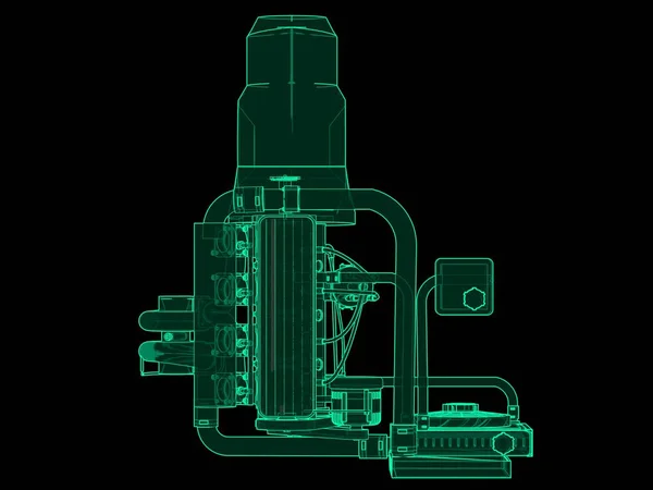 Turbo-Vierzylinder-Hochleistungsmotor für einen Sportwagen. grüne Leuchtschrift-Illustration auf schwarzem Hintergrund. 3D-Darstellung. — Stockfoto