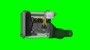 Turbocharged dört silindirli, yüksek performanslı motoru için bir spor araba. Model Merkezi ekseni etrafında döner. Yeşil bir arka plan üzerinde döngüsel animasyon.