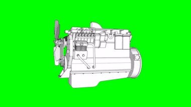 Büyük bir araba için dizel V8 motoru. Model Merkezi ekseni etrafında döner. Yeşil bir arka plan üzerinde döngüsel animasyon.