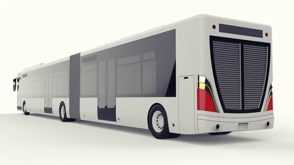 A large city bus with an additional elongated part for large passenger capacity during rush hour or transportation of people in densely populated areas. Model template for placing your images and insc — Stock Photo, Image