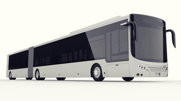 A large city bus with an additional elongated part for large passenger capacity during rush hour or transportation of people in densely populated areas. Model template for placing your images and insc