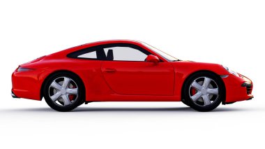 Beyaz zemin üzerine kırmızı Porsche 911'i üç boyutlu raster resim. 3D render.