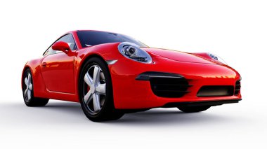 Beyaz zemin üzerine kırmızı Porsche 911'i üç boyutlu raster resim. 3D render.
