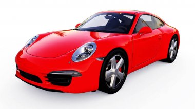 Beyaz zemin üzerine kırmızı Porsche 911'i üç boyutlu raster resim. 3D render.