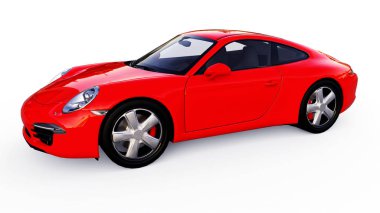 Beyaz zemin üzerine kırmızı Porsche 911'i üç boyutlu raster resim. 3D render.