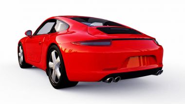 Beyaz zemin üzerine kırmızı Porsche 911'i üç boyutlu raster resim. 3D render.