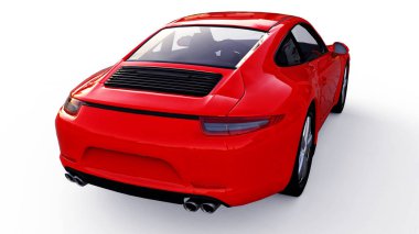 Beyaz zemin üzerine kırmızı Porsche 911'i üç boyutlu raster resim. 3D render.