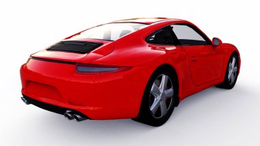 Beyaz zemin üzerine kırmızı Porsche 911'i üç boyutlu raster resim. 3D render.