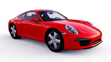 Beyaz zemin üzerine kırmızı Porsche 911'i üç boyutlu raster resim. 3D render.