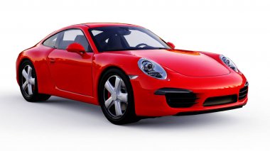 Beyaz zemin üzerine kırmızı Porsche 911'i üç boyutlu raster resim. 3D render.