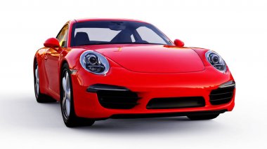 Beyaz zemin üzerine kırmızı Porsche 911'i üç boyutlu raster resim. 3D render.