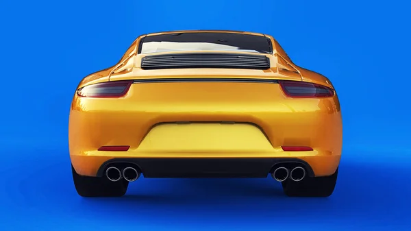 Gele Porsche 911 driedimensionale raster illustratie op een blauwe achtergrond. 3D-rendering. — Stockfoto