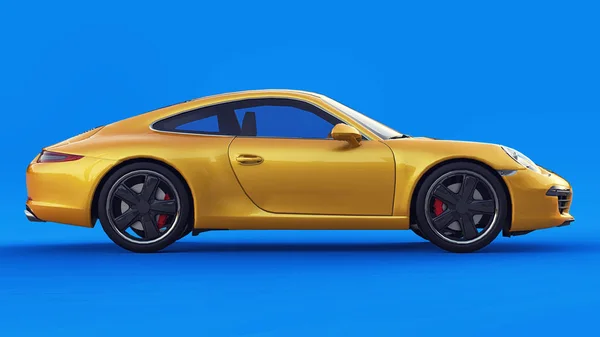 Gele Porsche 911 driedimensionale raster illustratie op een blauwe achtergrond. 3D-rendering. — Stockfoto