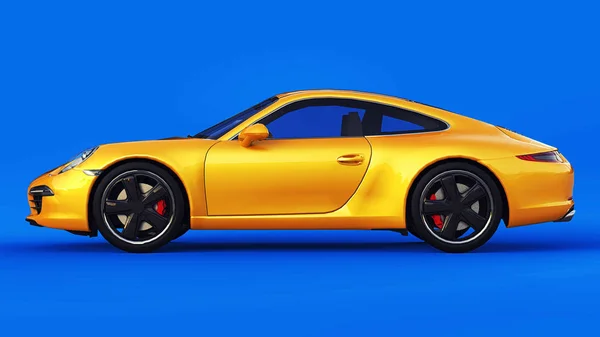 Yellow Porsche 911 three-dimensional raster illustration on a blue background. 3d rendering. — Stock Photo, Image