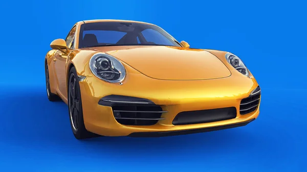 Illustration raster tridimensionnelle Porsche 911 jaune sur fond bleu. Rendu 3d . — Photo