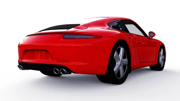 Červený Porsche 911 trojrozměrný rastrový obrázek na bílém pozadí. 3D vykreslování. — Stock fotografie