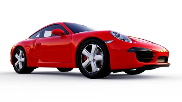 Piros Porsche 911 háromdimenziós raszteres illusztráció egy fehér háttér. 3D-leképezés. — Stock Fotó