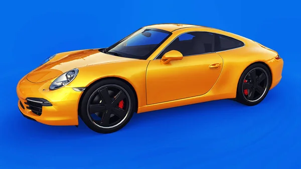 Porsche 911 háromdimenziós raszteres ábrán kék alapon sárga. 3D-leképezés. — Stock Fotó