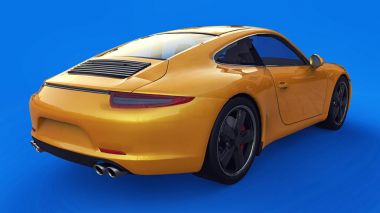 Porsche 911'i üç boyutlu raster illüstrasyon mavi bir arka plan üzerinde sarı. 3D render.