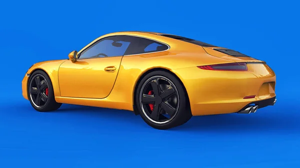 Gelbe Porsche 911 dreidimensionale Rasterdarstellung auf blauem Hintergrund. 3D-Darstellung. — Stockfoto
