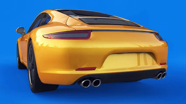 Žluté Porsche 911 trojrozměrný rastrového obrázku na modrém pozadí. 3D vykreslování. — Stock fotografie