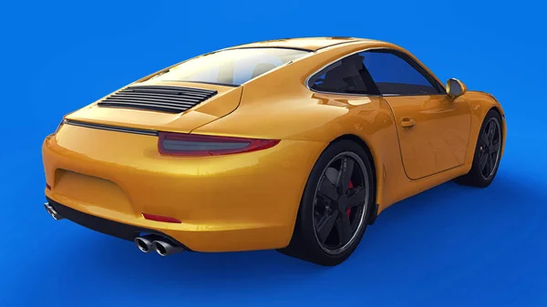 Amarelo Porsche 911 ilustração raster tridimensional em um fundo azul. Renderização 3d . — Fotografia de Stock