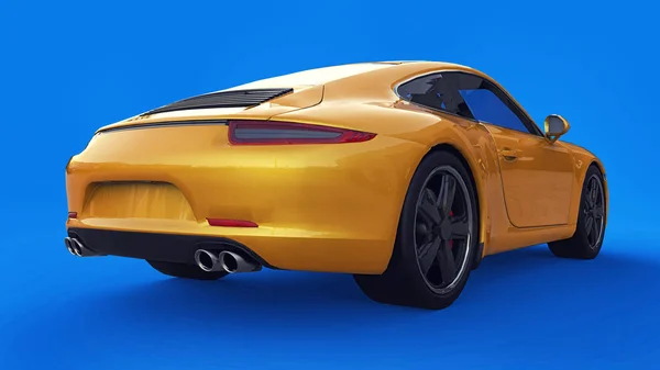 Amarelo Porsche 911 ilustração raster tridimensional em um fundo azul. Renderização 3d . — Fotografia de Stock