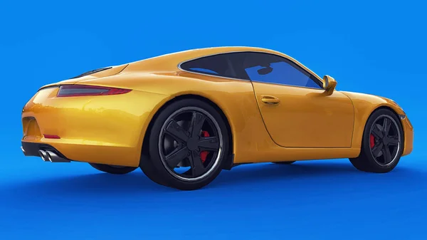 Желтый Porsche 911 трёхмерная растровая иллюстрация на синем фоне. 3d-рендеринг . — стоковое фото