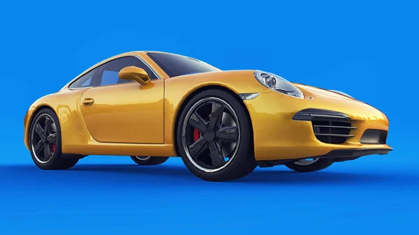 Жовті Porsche 911 тривимірних растрових ілюстрації на синьому тлі. 3D-рендерінг. — стокове фото