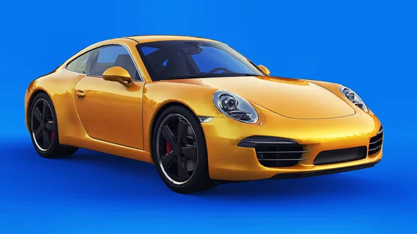 Illustration raster tridimensionnelle Porsche 911 jaune sur fond bleu. Rendu 3d . — Photo