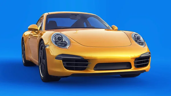 Illustrazione raster tridimensionale Porsche 911 gialla su sfondo blu. rendering 3d . — Foto Stock