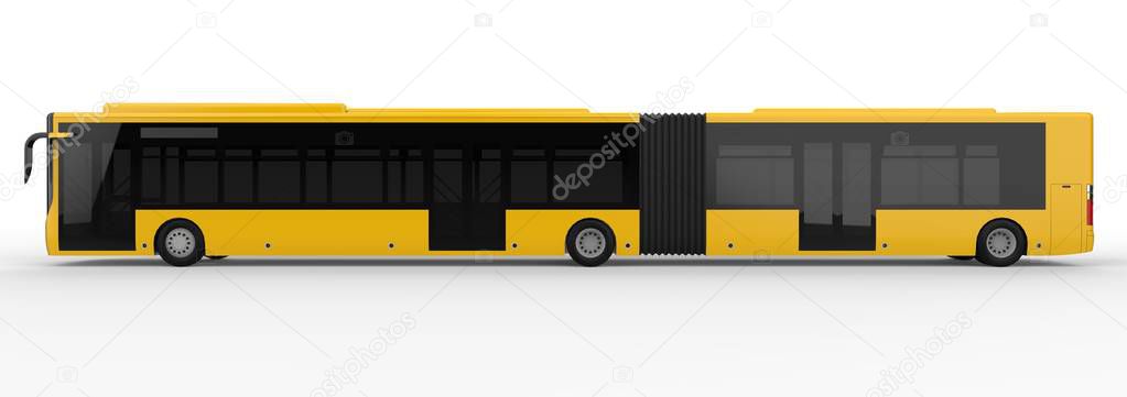 A large city bus with an additional elongated part for large passenger capacity during rush hour or transportation of people in densely populated areas. Model template for placing your images and insc