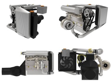 Turbocharged dört silindirli, yüksek performanslı motoru bir spor otomobil için ayarlayın. 3D render.