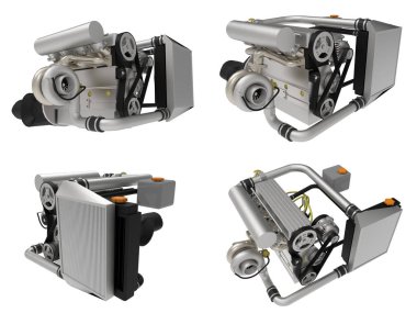 Turbocharged dört silindirli, yüksek performanslı motoru bir spor otomobil için ayarlayın. 3D render.