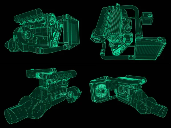 Conjunto turbo de quatro cilindros, motor de alto desempenho para um carro esporte. Ilustração de brilho de néon verde sobre um fundo preto. Renderização 3d . — Fotografia de Stock
