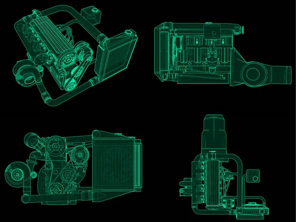 Állítsa be a Turbófeltöltős négy-hengeres, nagy teljesítményű motor egy sportautó. Zöld neon fénye illusztráció a fekete háttér. 3D-leképezés. — Stock Fotó