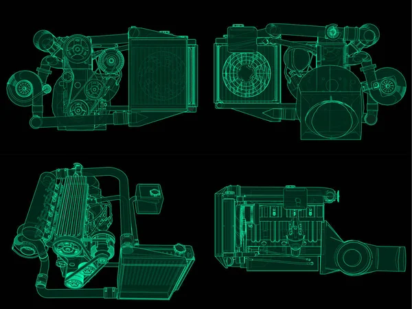 Állítsa be a Turbófeltöltős négy-hengeres, nagy teljesítményű motor egy sportautó. Zöld neon fénye illusztráció a fekete háttér. 3D-leképezés. — Stock Fotó