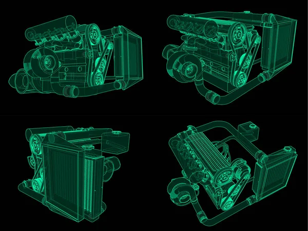 Set Turbo-Vierzylinder-Hochleistungs-Motor für einen Sportwagen. grüne Leuchtschrift-Illustration auf schwarzem Hintergrund. 3D-Darstellung. — Stockfoto