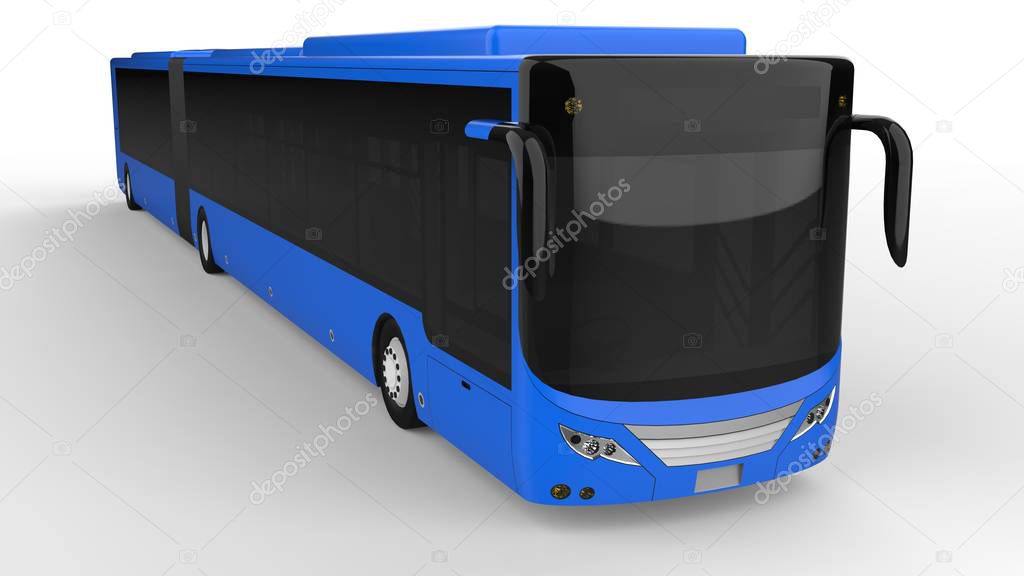 A large city bus with an additional elongated part for large passenger capacity during rush hour or transportation of people in densely populated areas. Model template for placing your images and insc