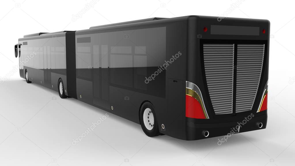 A large city bus with an additional elongated part for large passenger capacity during rush hour or transportation of people in densely populated areas. Model template for placing your images and insc