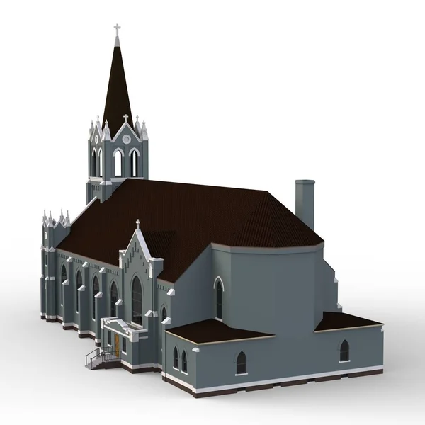 Der Bau der katholischen Kirche, Ansichten von verschiedenen Seiten. dreidimensionale Illustration auf weißem Hintergrund. 3D-Darstellung. — Stockfoto